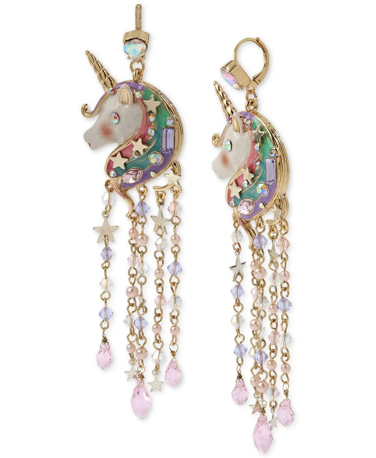 Betsey Johnson Gold-Tone Crystal & Bead Imitation Pearl Unicorn Fringe Chandelier Earrings