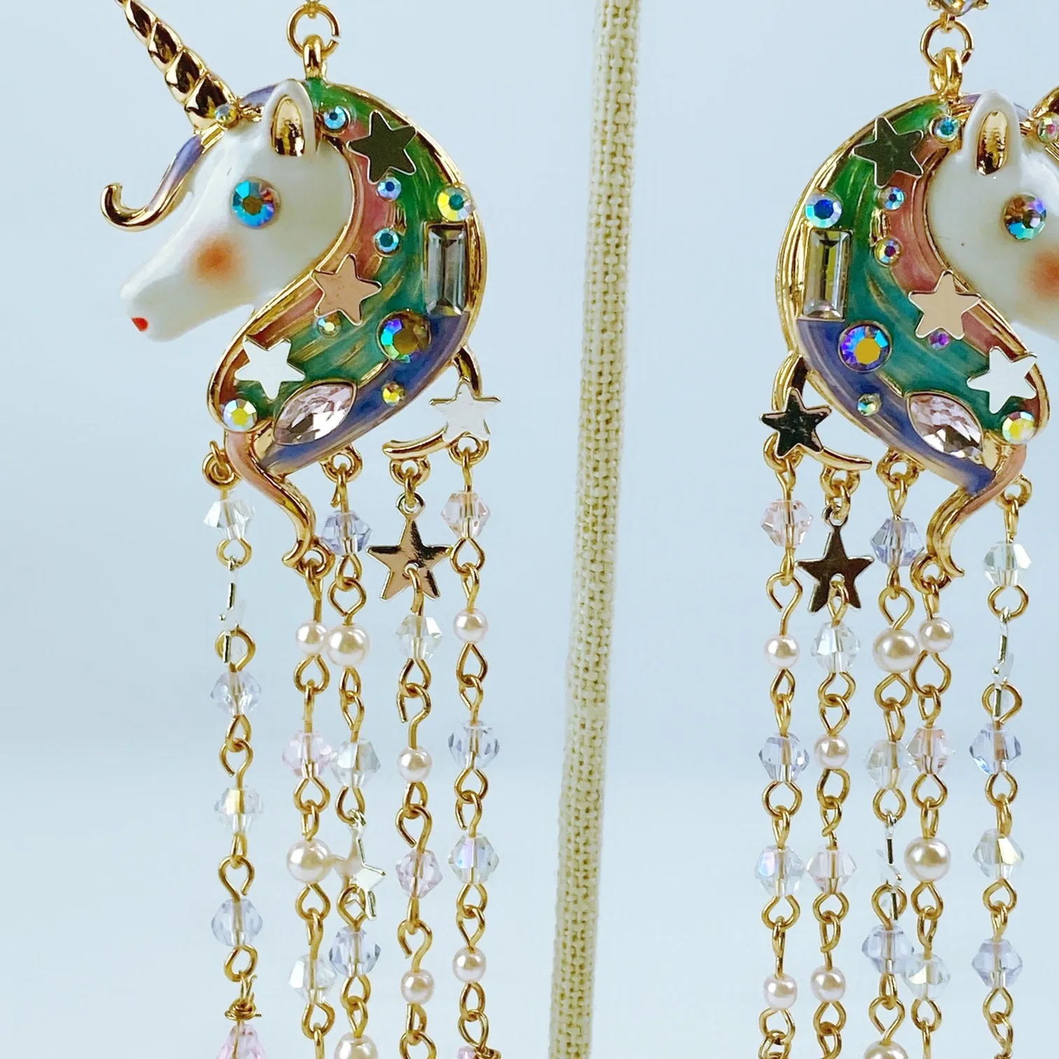 Betsey Johnson Gold-Tone Crystal & Bead Imitation Pearl Unicorn Fringe Chandelier Earrings