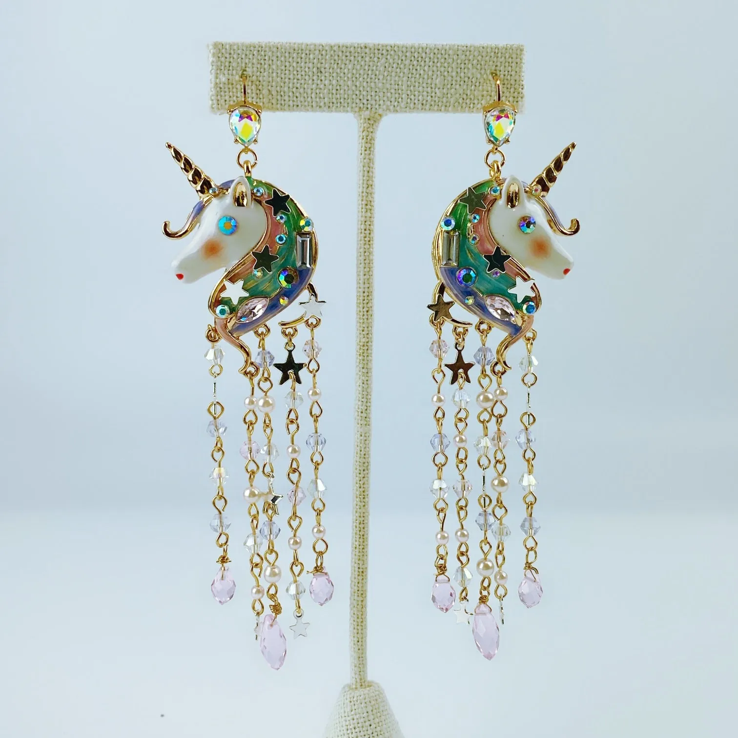 Betsey Johnson Gold-Tone Crystal & Bead Imitation Pearl Unicorn Fringe Chandelier Earrings