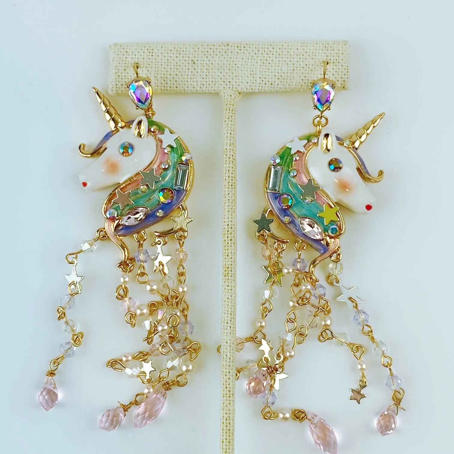 Betsey Johnson Gold-Tone Crystal & Bead Imitation Pearl Unicorn Fringe Chandelier Earrings