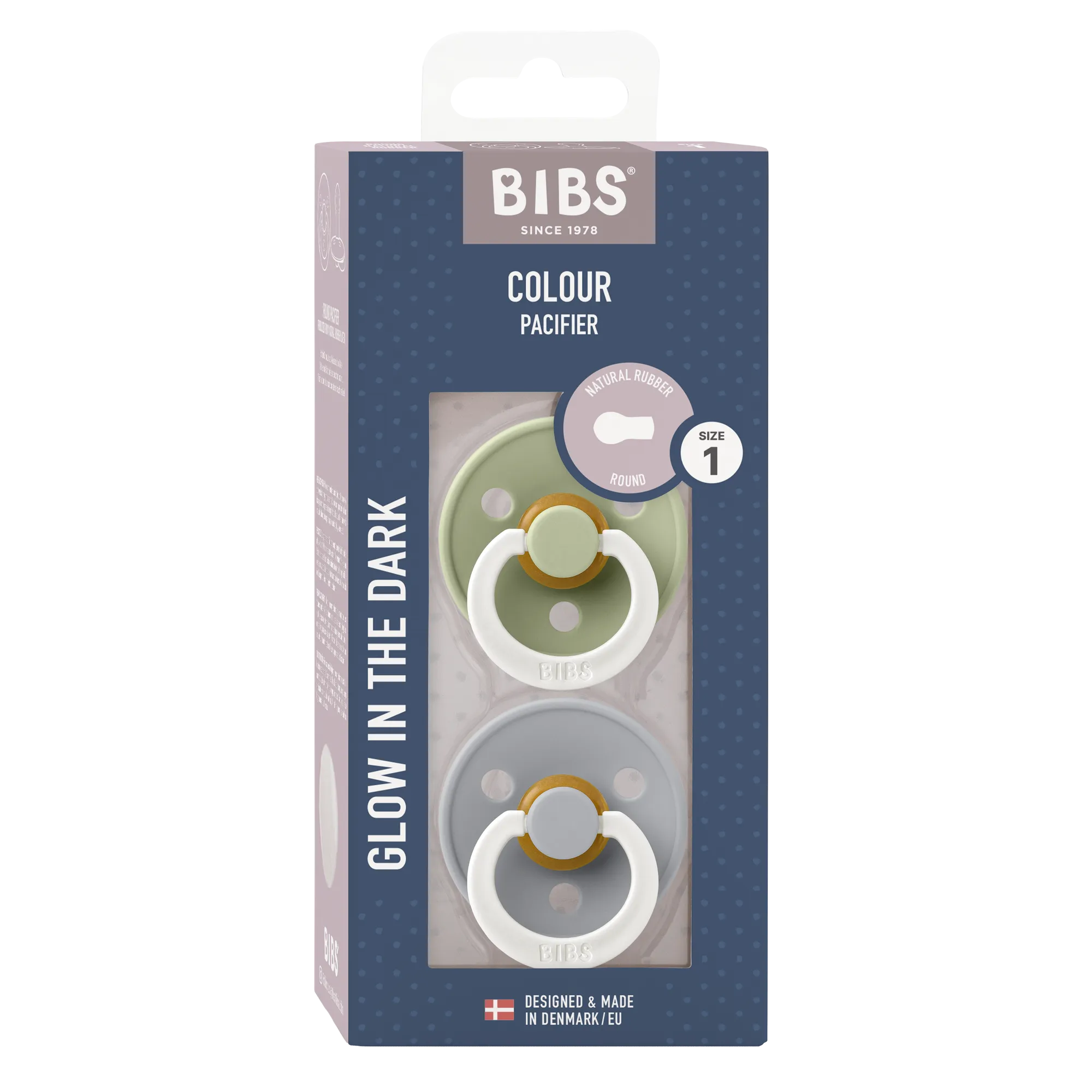 BIBS Colour GLOW Pacifier 2 Pack - Sage/Cloud