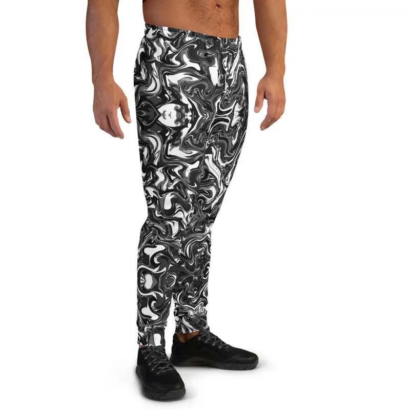 Black Marbled Men's Joggers, Abstract Black Marble Print Sweatpants For Men-Made in EU/MX