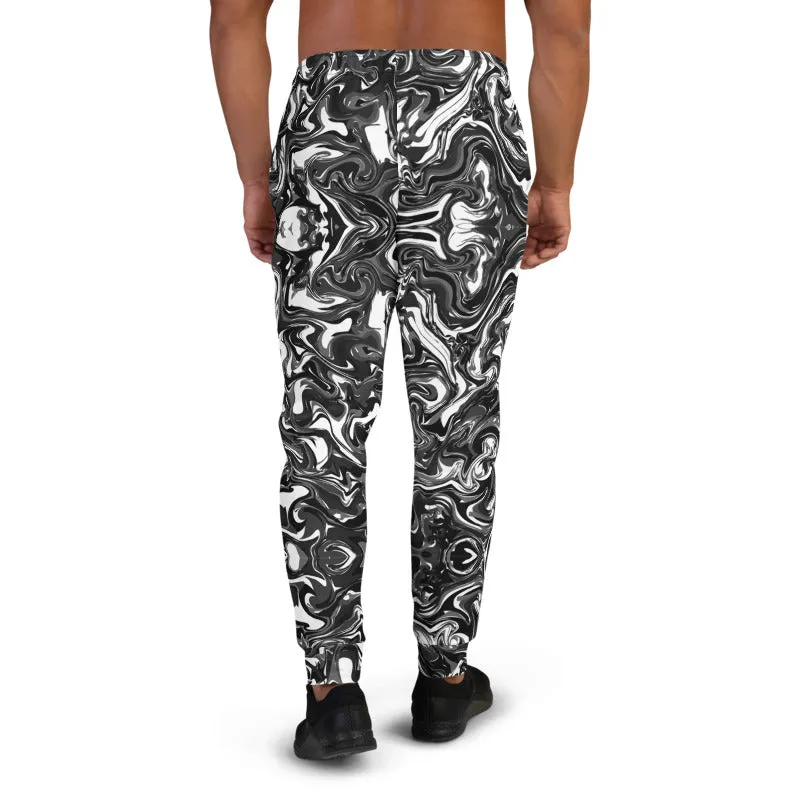 Black Marbled Men's Joggers, Abstract Black Marble Print Sweatpants For Men-Made in EU/MX