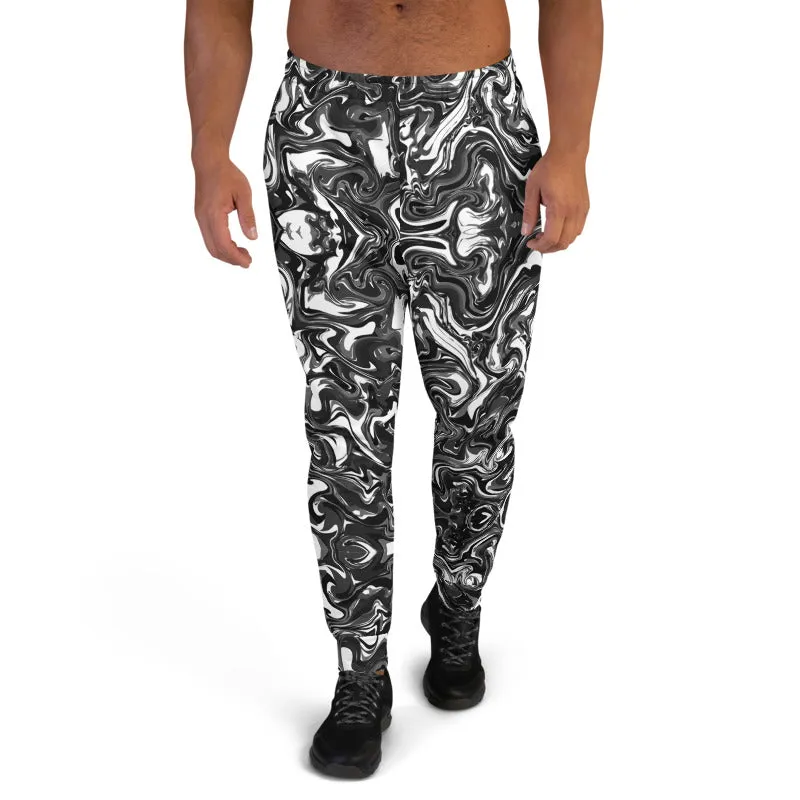 Black Marbled Men's Joggers, Abstract Black Marble Print Sweatpants For Men-Made in EU/MX