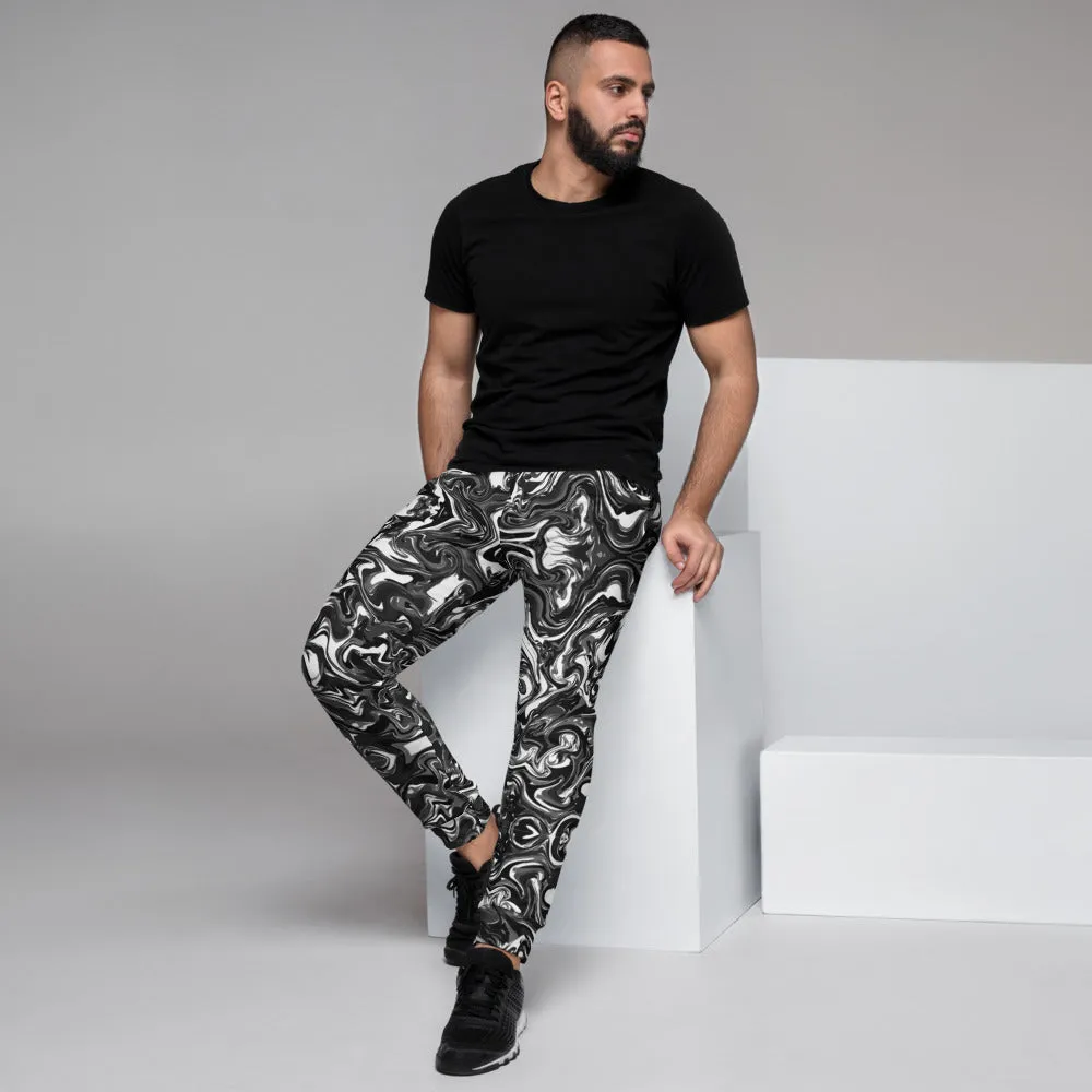 Black Marbled Men's Joggers, Abstract Black Marble Print Sweatpants For Men-Made in EU/MX