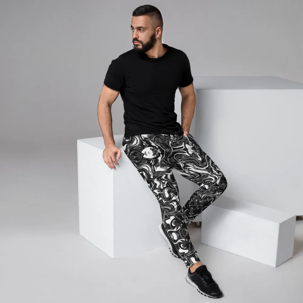 Black Marbled Men's Joggers, Abstract Black Marble Print Sweatpants For Men-Made in EU/MX