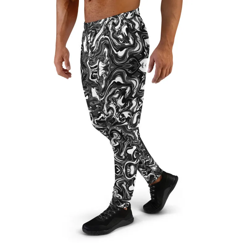 Black Marbled Men's Joggers, Abstract Black Marble Print Sweatpants For Men-Made in EU/MX