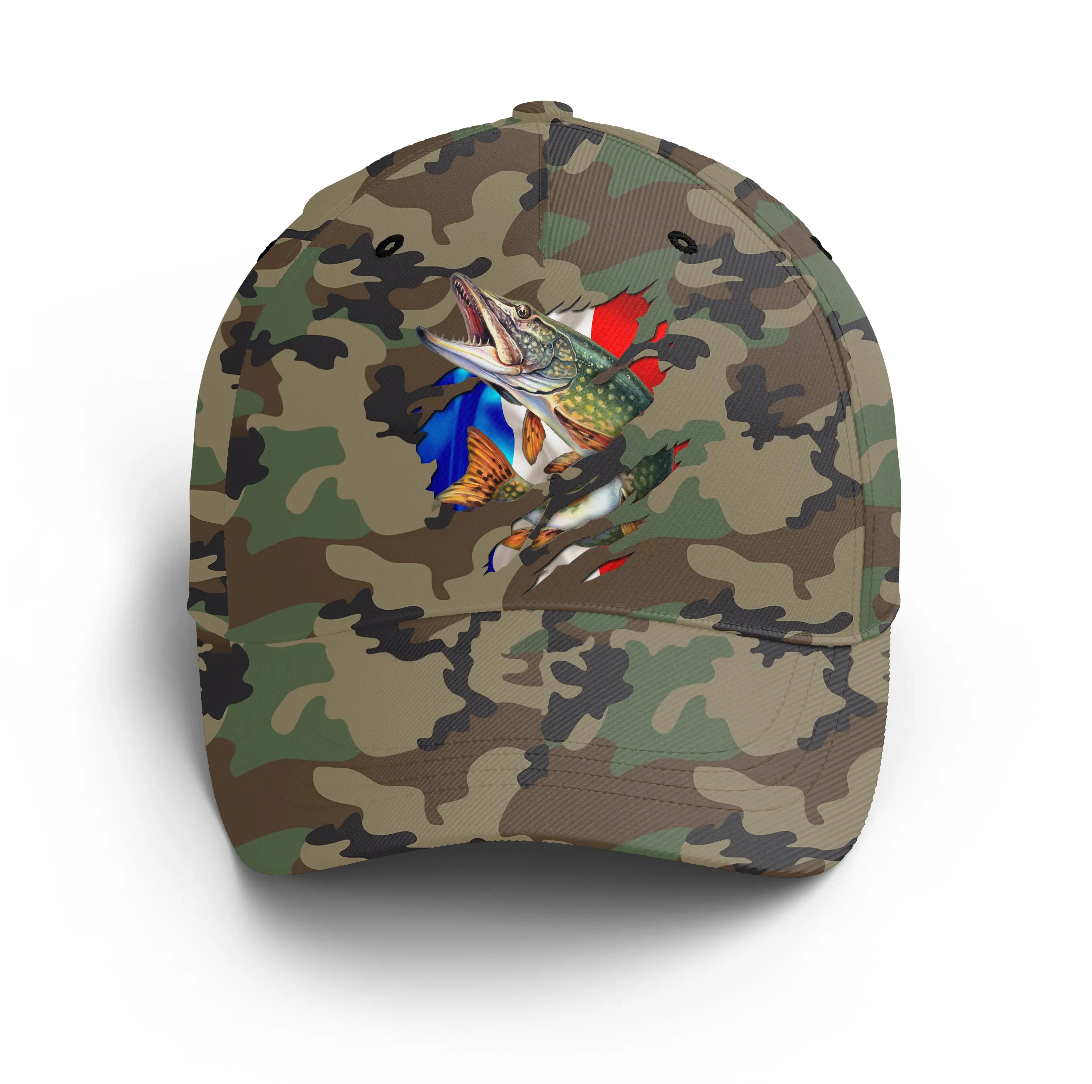 Chiptshirts - Casquette Pêcheur, Pêche du Brochet, Cadeau Original Fans de Pêche, Motifs Camouflage, Drapeau France - CT01072216