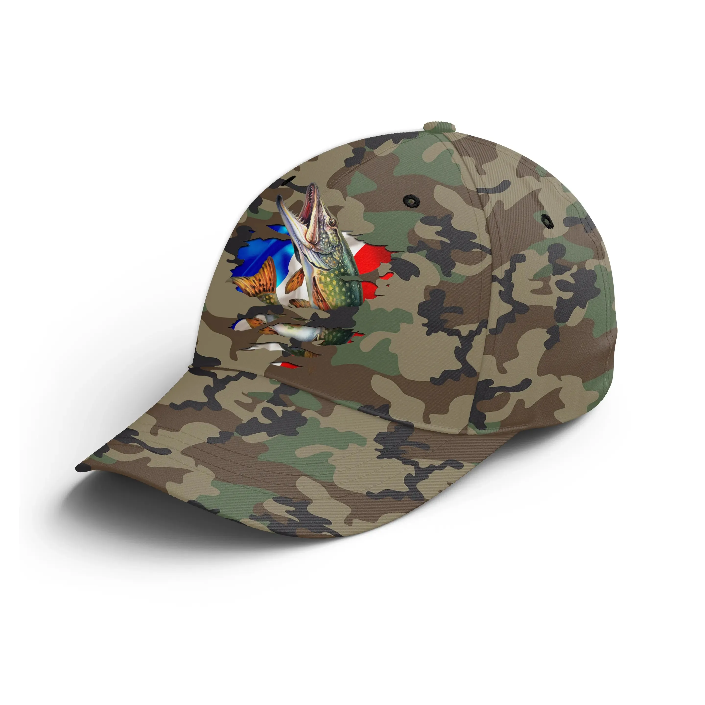 Chiptshirts - Casquette Pêcheur, Pêche du Brochet, Cadeau Original Fans de Pêche, Motifs Camouflage, Drapeau France - CT01072216