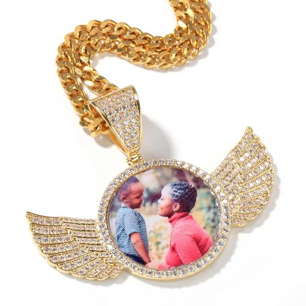 Custom 18k Gold Plated Wings Photo Medallion Necklace