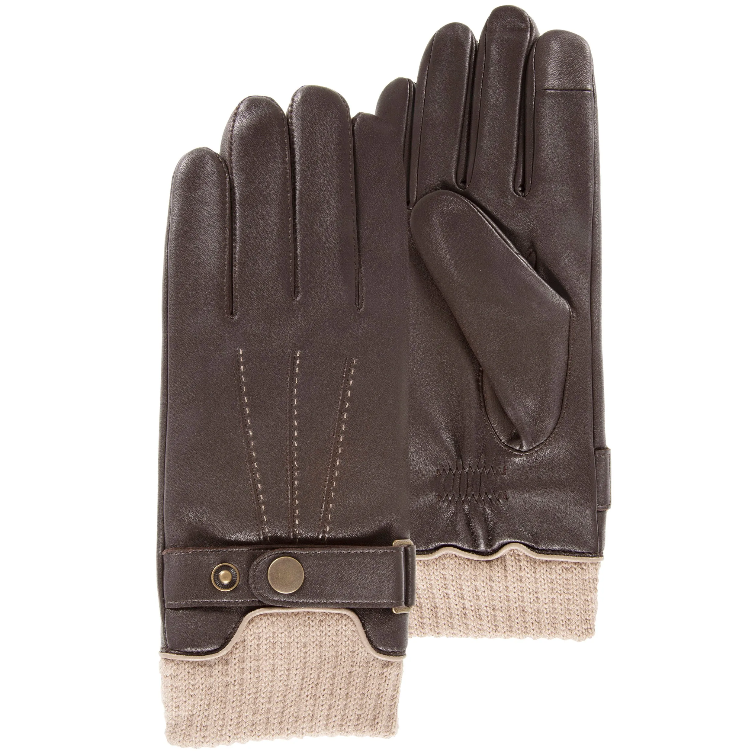 Gants Homme tactiles cuir poignet tricot Marron