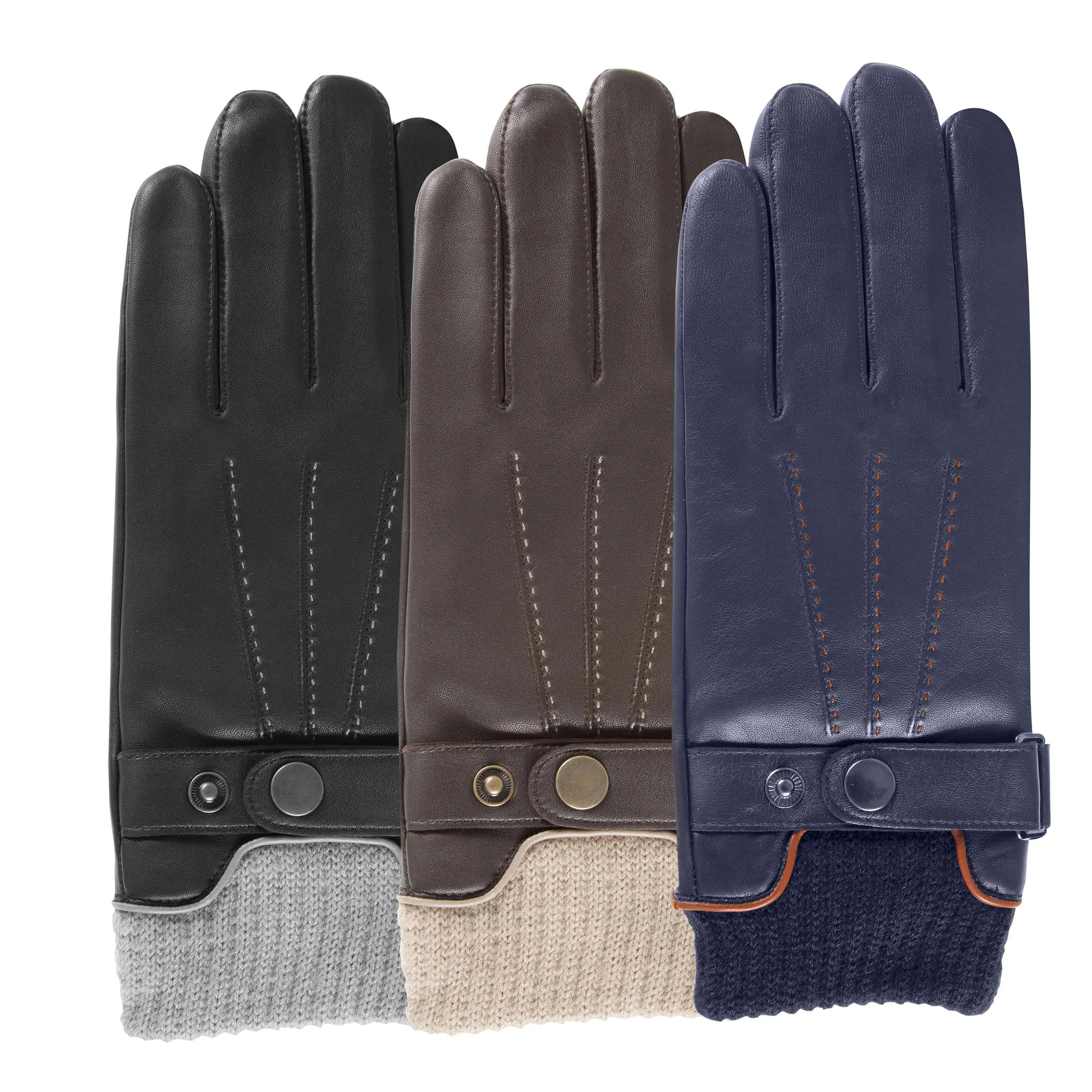 Gants Homme tactiles cuir poignet tricot Noir