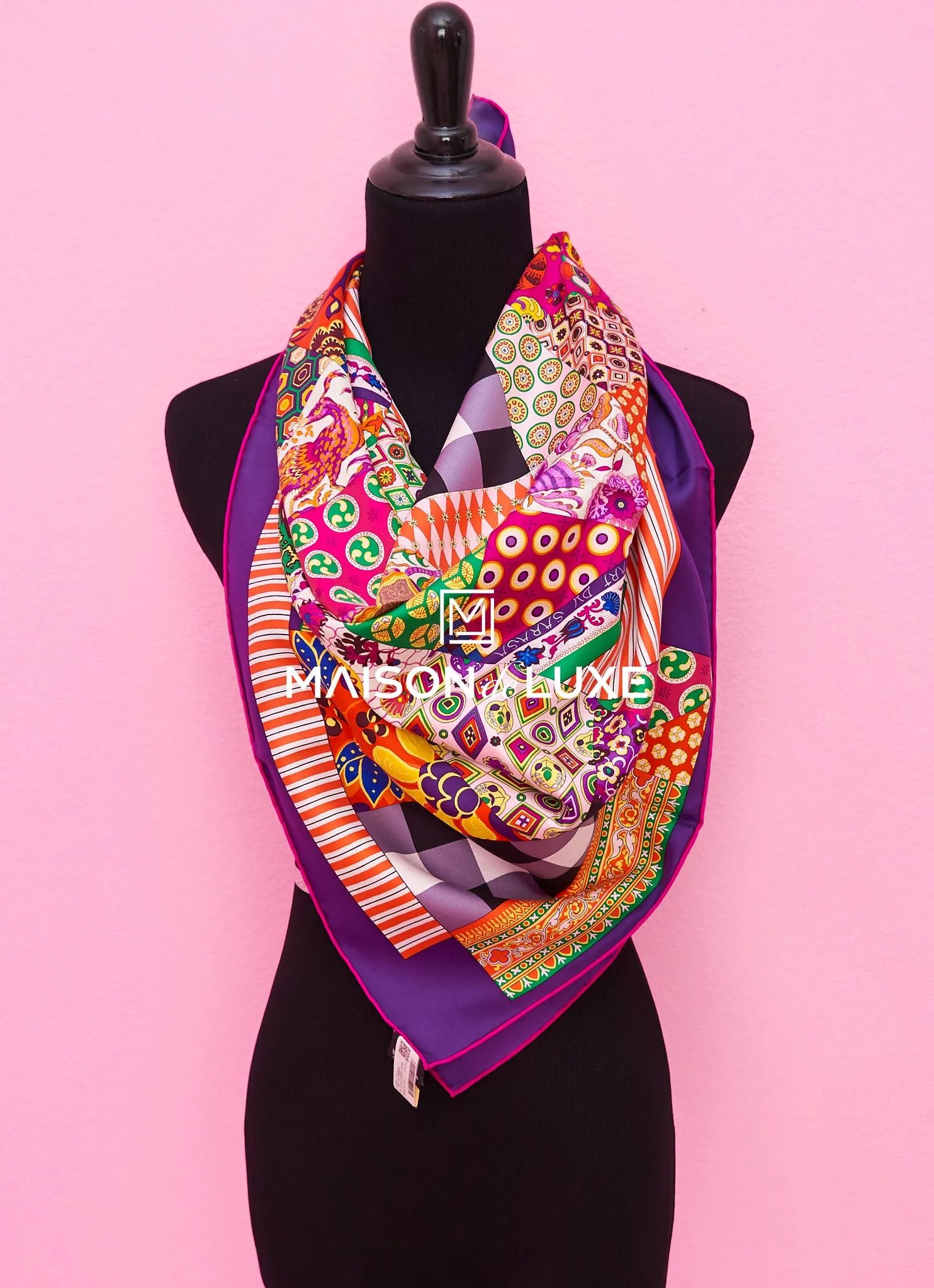 Hermes "L'Art du Sarasa" Purple Twill Silk 90 cm Scarf