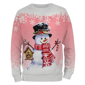 Pull de Nol Bonhomme de Neige Souriant Avec Oiseau et Maisonnette - CT04112337