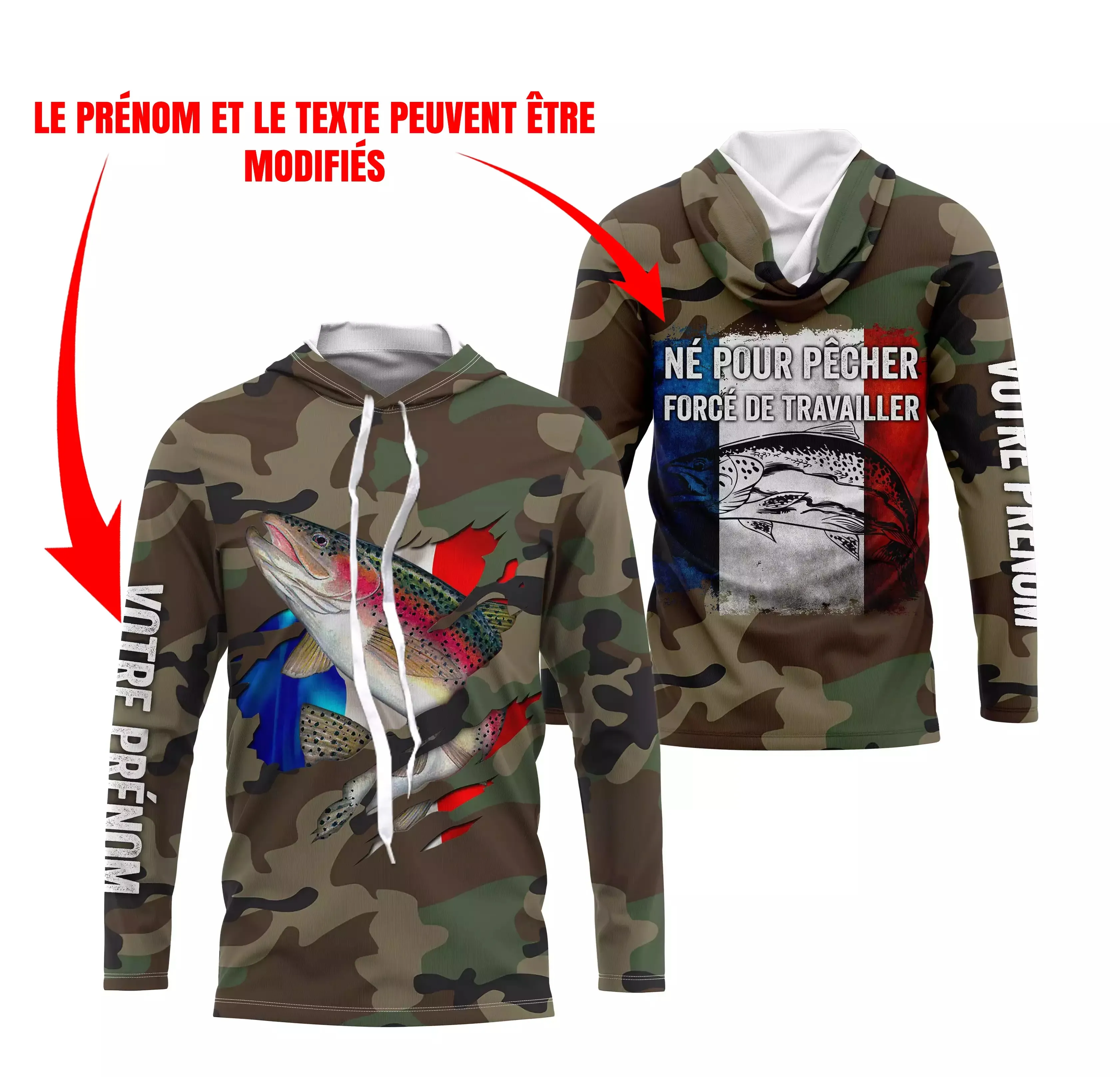 Pêche de la Truite, Cadeau Original Pêcheur, Camouflage, Drapeau de la France, Cadeau Personnalisé, Né Pour Pêcher Forcé de Travailler - CTS25042231