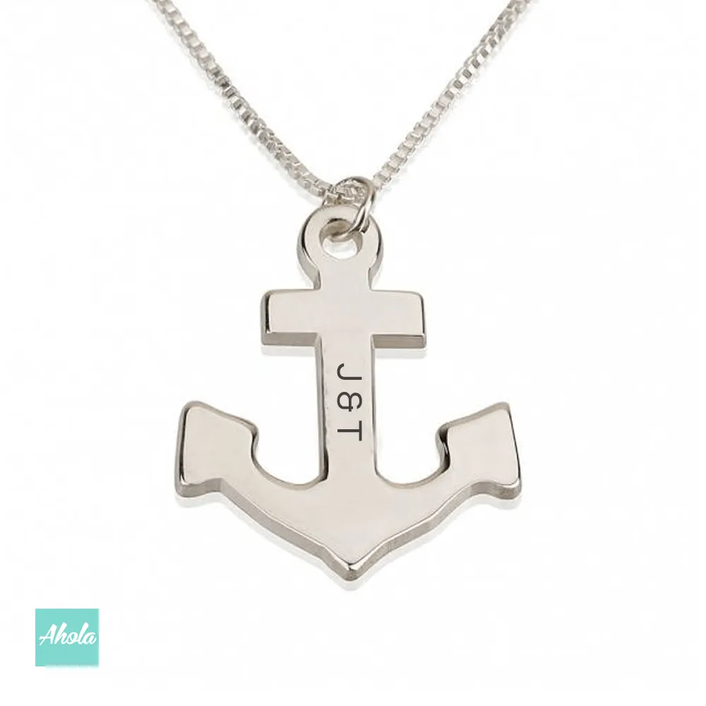 SP057 Platinum Plated Sterling Silver Sailors Anchor Necklace 純銀刻字船錨頸鏈