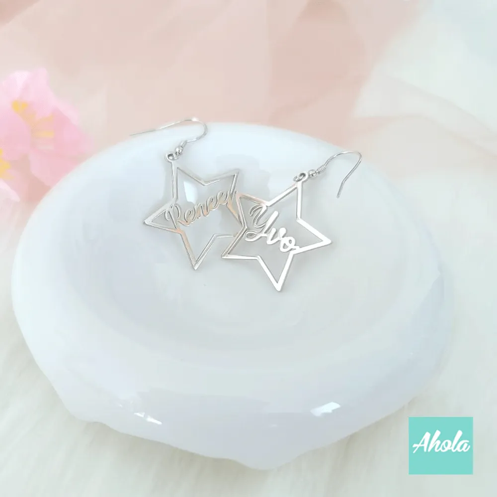 SP069 Platinum Plated Sterling Silver Star Hoop Earrings 純銀名字星星耳勾