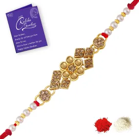 Sukkhi Blossomy Gold Plated Floral Rakhi with Roli Chawal and Raksha Bandhan Greeting Card For Men