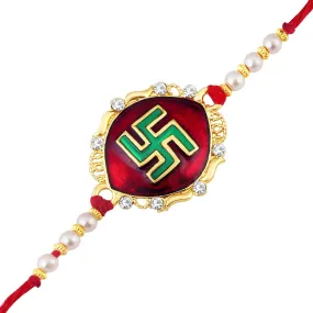 Sukkhi Blossomy Gold Plated Swastik Meenakari Rakhi with Roli chawal and Greeting Card